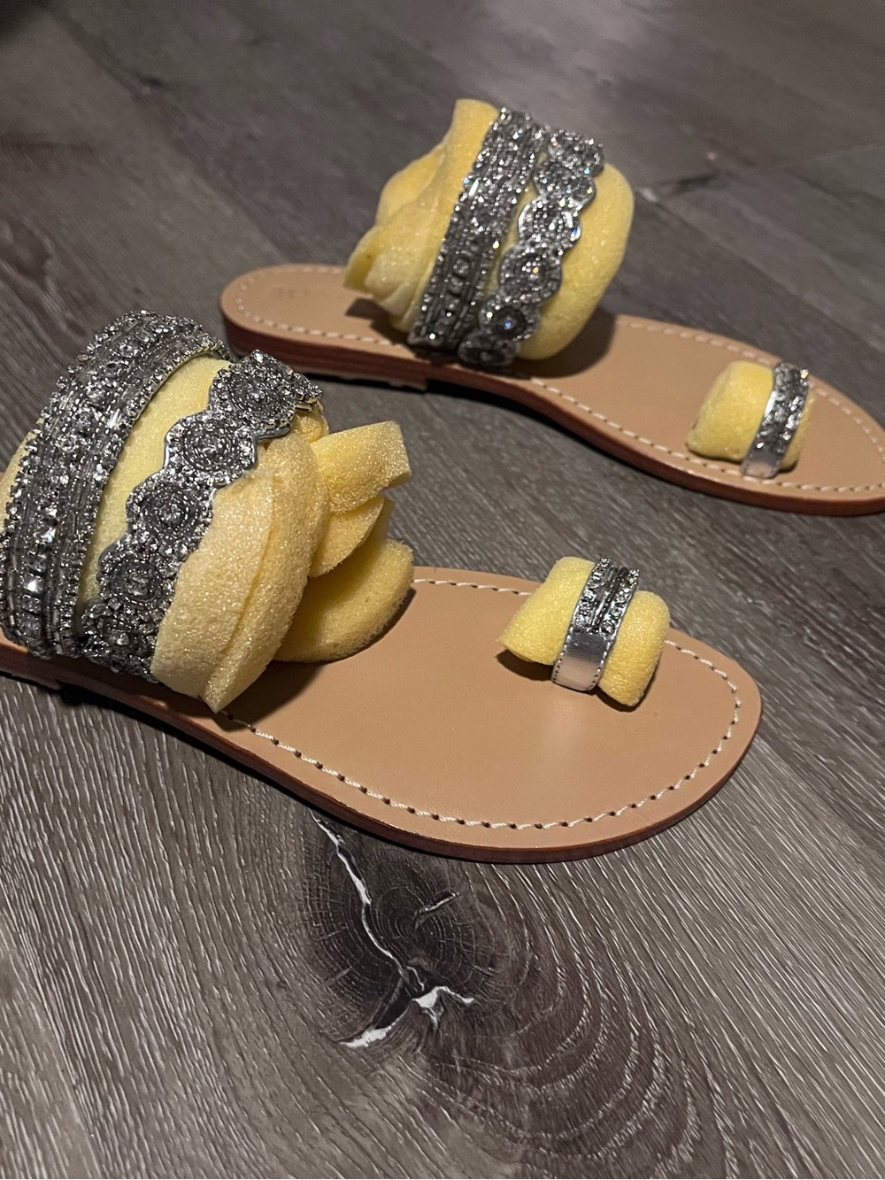 Mystique Boutique Yellow Jeweled Slide Sandals with Silver Crystals